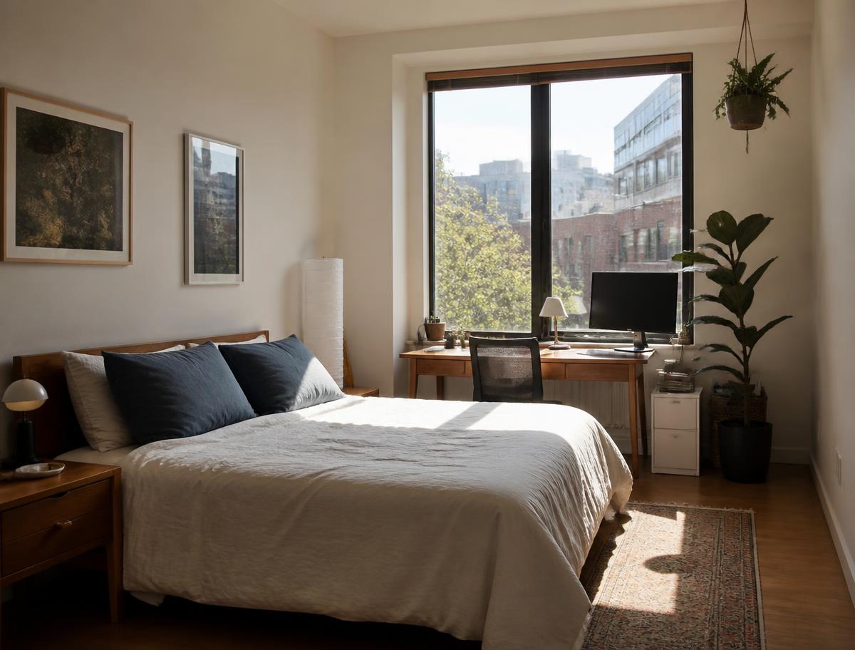 Quarto com zona de trabalho junto à janela